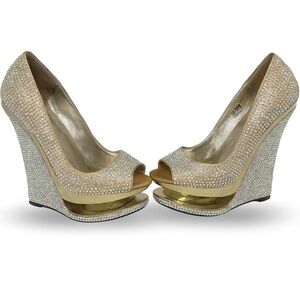 Rhinestone Gold Peep-Toe Wedge Heels
